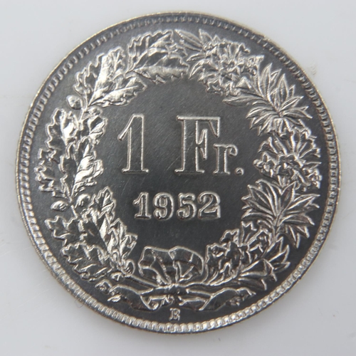 2249 - 1952 - silver Swiss Franc - EF. UK P&P Group 0 (£6+VAT for the first lot and £1+VAT for subsequent l... 