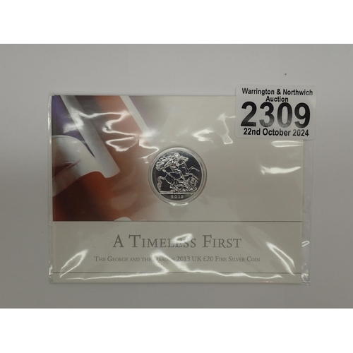 2309 - 2013 - silver £20 coin, A Timeless First, sealed - UNC. UK P&P Group 1 (£16+VAT for the first lot an... 