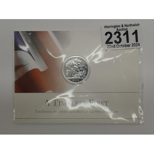 2311 - 2013 - silver £20 coin, A Timeless First, sealed - UNC. UK P&P Group 1 (£16+VAT for the first lot an... 