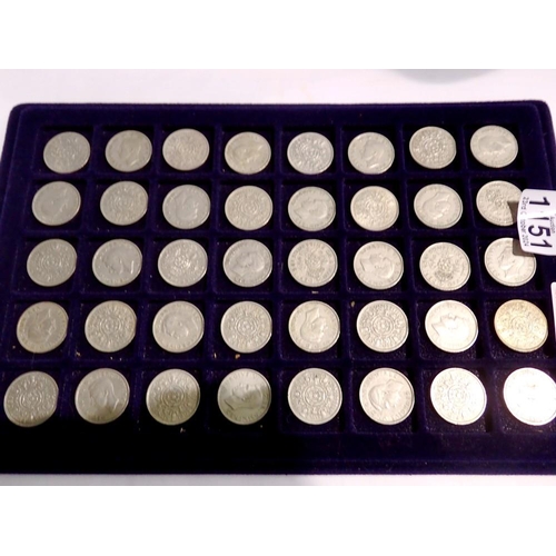 1151 - Tray of 40 pre decimal Florins. UK P&P Group 1 (£16+VAT for the first lot and £2+VAT for subsequent ... 