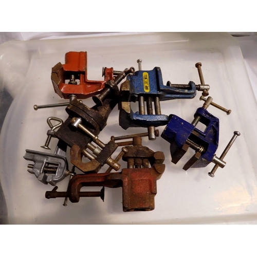 1185 - Six jewellers/model maker clamp on bench vices. Not available for in-house P&P