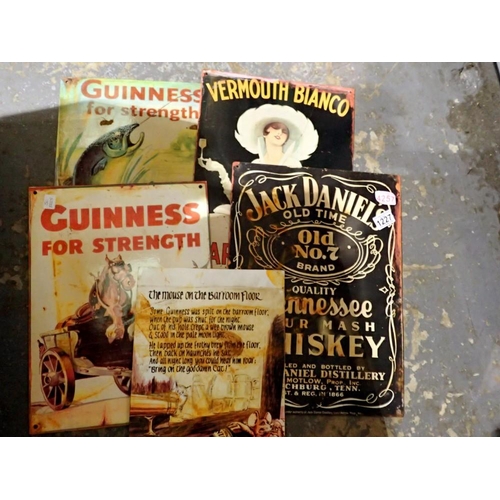 1227 - Five reproduction tin plate signs, Jack Daniels and Guinness. Not available for in-house P&P