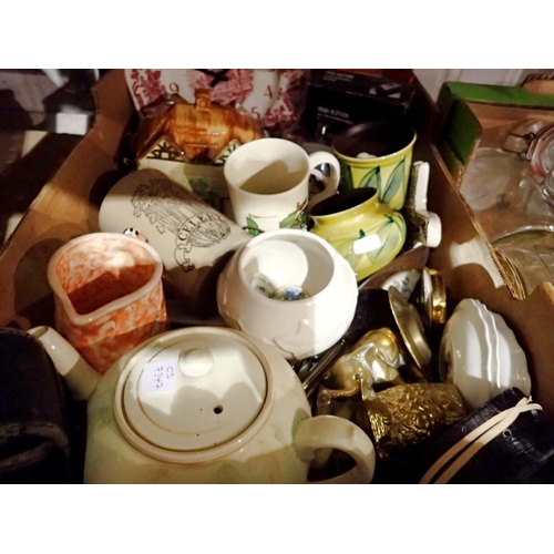 1265 - Tray of mainly mixed ceramics including a Cottage Ware biscuit barrel, with loose cutlery and brass ... 