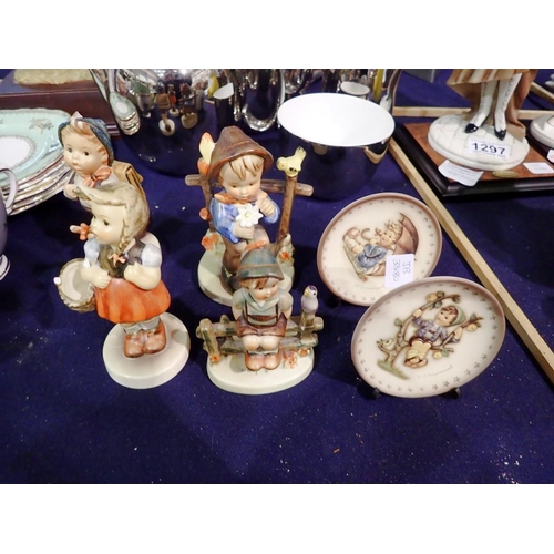 1300 - Four Goebel figures, one damaged, and two small decorative plates and stands. UK P&P Group 3 (£30+VA... 