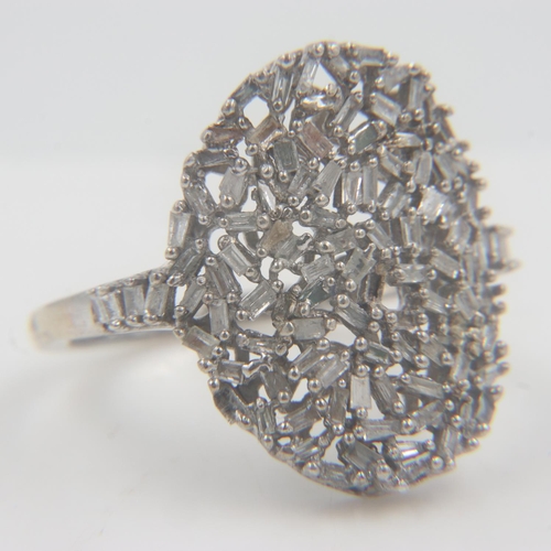 25 - Sterling silver and 1cts natural baguette cut diamond oval cluster ring, size R. UK P&P Group 0 (£6+... 