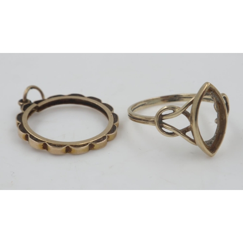 28 - 9ct gold ring lacking stone and a pendant coin mount, combined 3.3g. UK P&P Group 1 (£16+VAT for the... 