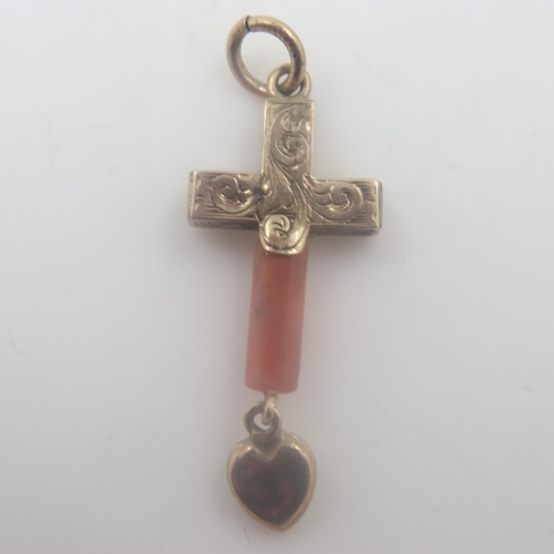 5 - Victorian 9ct gold and coral cross heart pendant, 1.0g. UK P&P Group 0 (£6+VAT for the first lot and... 