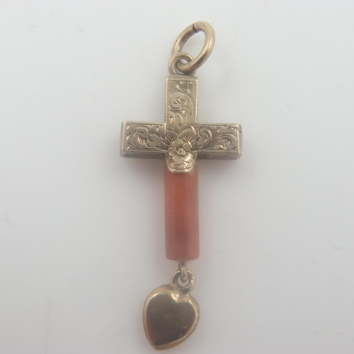 5 - Victorian 9ct gold and coral cross heart pendant, 1.0g. UK P&P Group 0 (£6+VAT for the first lot and... 