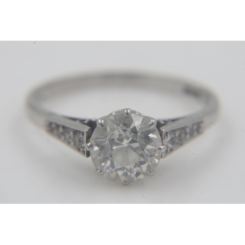 68 - Old cut diamond-set platinum solitaire ring, central diamond 1.38cts and eight shoulder diamonds 0.1... 