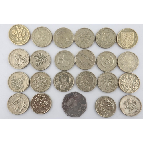 98 - Twenty-two old-style £1 coins including collectors edition examples, with an Olympic collectors edit... 