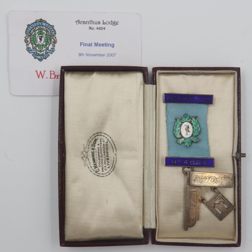 101 - Acanthus Lodge 4624 hallmarked silver and enamelled Past Master's breast jewel and Final Meeting att... 