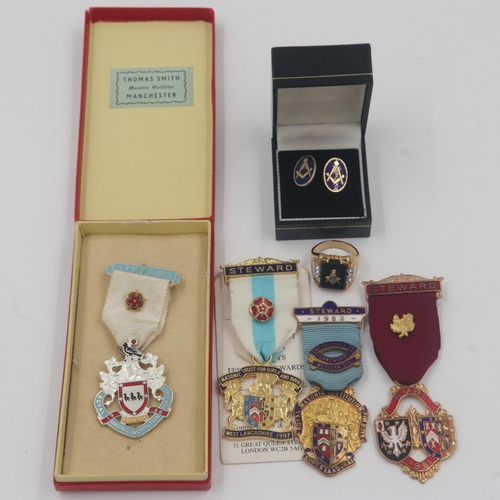 104 - Province of West Lancashire Masonic enamelled charity jewels, RMBI Steward jewel and further items i... 