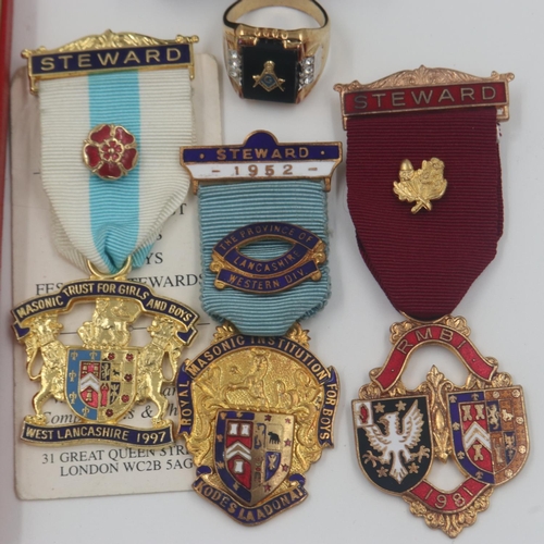 104 - Province of West Lancashire Masonic enamelled charity jewels, RMBI Steward jewel and further items i... 