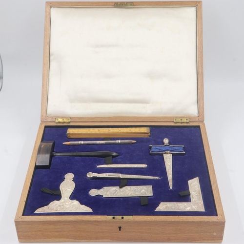 105 - Set of silver plated Masonic Lodge Working Tools, set within a velvet lined fitted oak box. UK P&P G... 