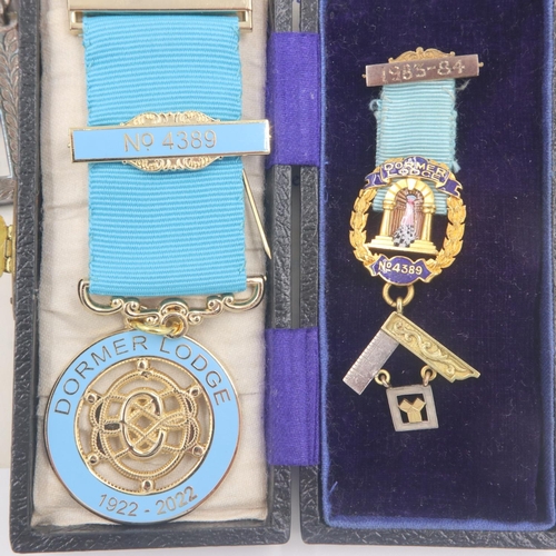 110 - Dormer Lodge 4389 enamelled silver-gilt Past Master's breast jewel and centenary jewel, with two col... 