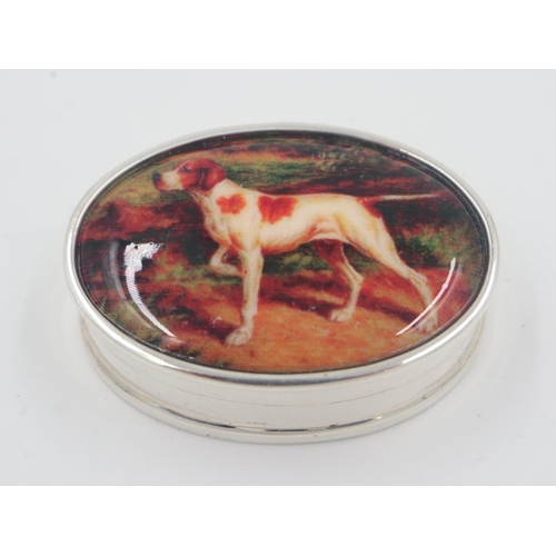 117 - Silver enamel pill box, the cover with an image of a Pointer dog, marked sterling inside condition g... 