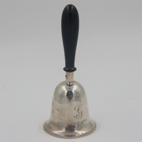 129 - Hallmarked silver bell with ebony handle, Birmingham assay 1920, overall weight 71g. UK P&P Group 1 ... 