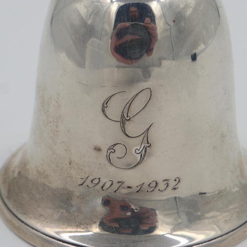 129 - Hallmarked silver bell with ebony handle, Birmingham assay 1920, overall weight 71g. UK P&P Group 1 ... 