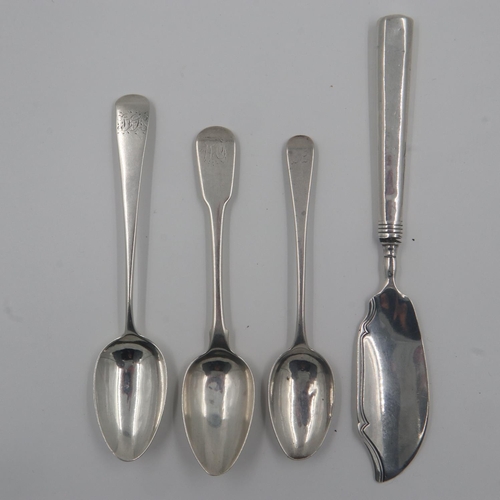 136 - Three Georgian hallmarked silver spoons combined 45g, and a server (filled handle). UK P&P Group 1 (... 