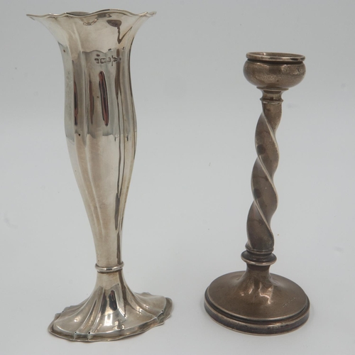 137 - Hallmarked silver vase with a barley twist candlestick, weighted bases, each with faults. UK P&P Gro... 