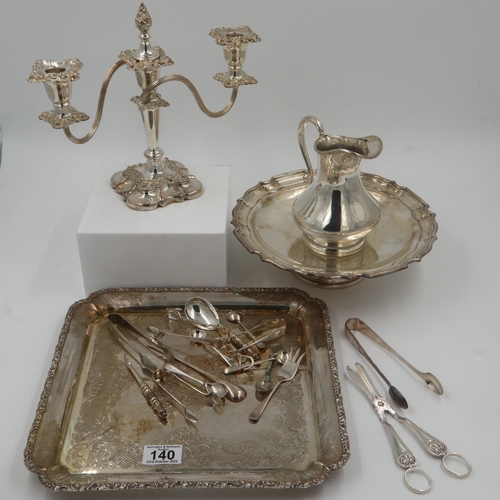 140 - Silver plate on copper square tray, with silver plated jug, candelabra, comport, mustard spoons and ... 