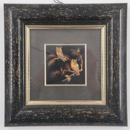 145 - Toledo Damascene 24ct gold layered artwork, owls in foliage, overall 21 x 21cm. UK P&P Group 2 (£20+... 