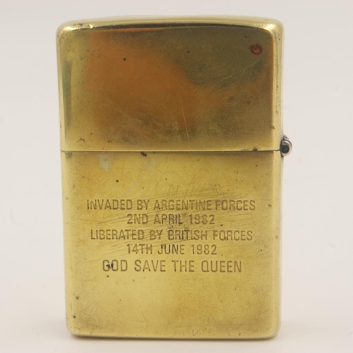 150 - Brass Zippo lighter, inscribed 'Falkland Islands! Invaded by Argentine forces 2nd April 1982, libera... 