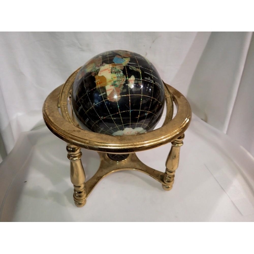 1305 - Gemstone globe on a brass gyroscopic stand, H: 24cm. Not available for in-house P&P