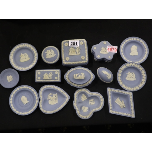 201 - Six Wedgwood Jasperware covered boxes with eight shaped trays, all in powder blue (14). Not availabl... 