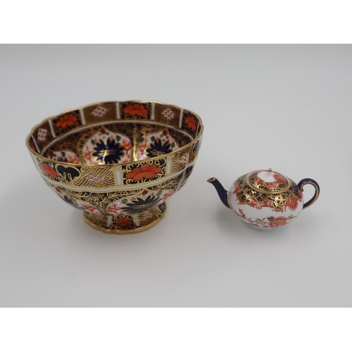 218 - Royal Crown Derby Old Imari pattern bowl with a miniature Old Imari pattern teapot (2), both in good... 