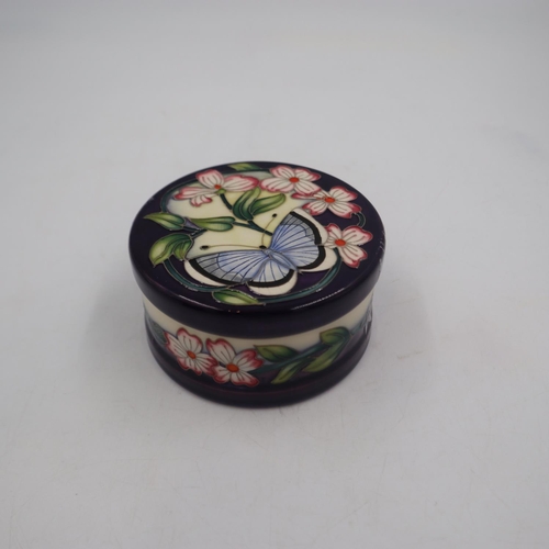 260 - Moorcroft lidded pot in the Blue Gaurdians pattern, no cracks or chips. D: 11cm. UK P&P Group 1 (£16... 