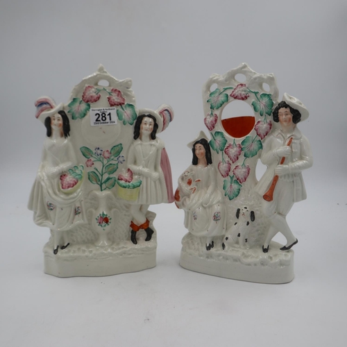 281 - Two Staffordshire flat back figural groups, Sun & Moon shepherdesses, H: 31 cm. Not available for in... 