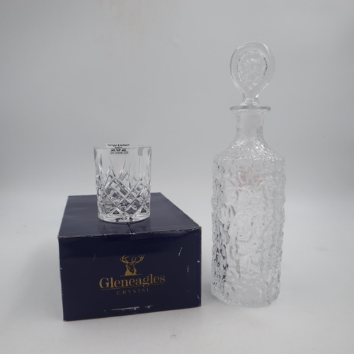 292 - Whitefriars, Geoffrey Baxter decanter, H: 34cm, with a boxed set of six Gleneagles crystal tumblers.... 