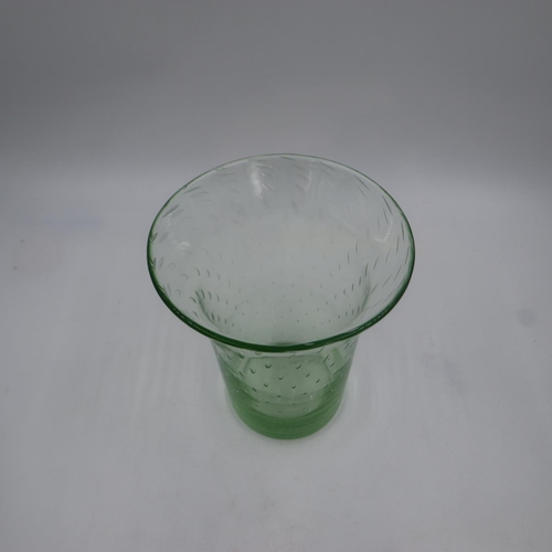 294 - Whitefriars controlled bubble, green flared vase, H: 22.5cm. Not available for in-house P&P