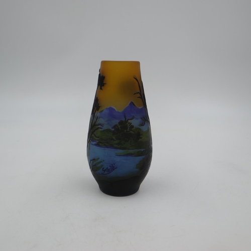 297 - Emile Galle cameo glass vase, acid etched with mountains, lake and trees, H: 16cm. UK P&P Group 1 (£... 