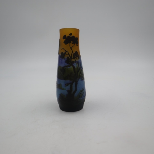 297 - Emile Galle cameo glass vase, acid etched with mountains, lake and trees, H: 16cm. UK P&P Group 1 (£... 