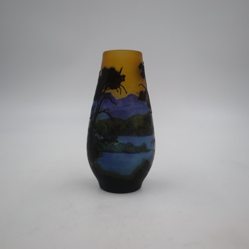 297 - Emile Galle cameo glass vase, acid etched with mountains, lake and trees, H: 16cm. UK P&P Group 1 (£... 