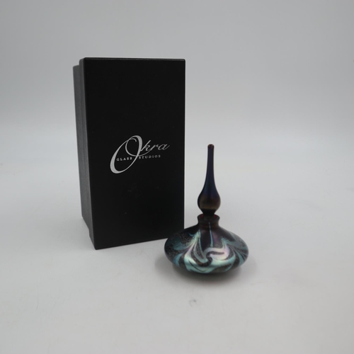 299 - Okra Glass Studios iridescent perfume bottle, H: 12cm, boxed. UK P&P Group 1 (£16+VAT for the first ... 