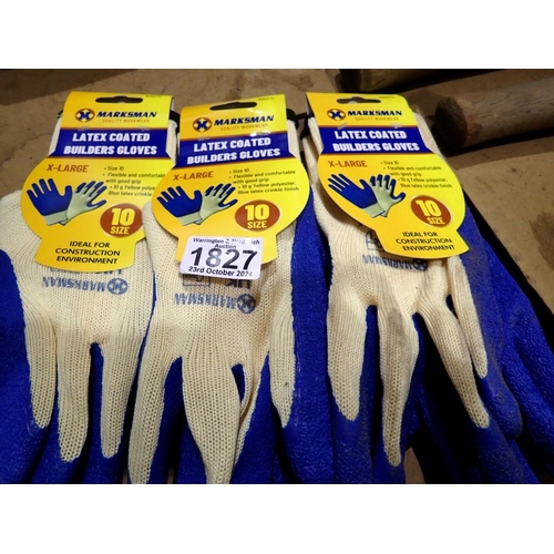 1827 - Three pairs of latex coated builders gloves. Not available for in-house P&P