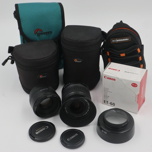 170 - Canon lenses: EFS 18-55mm and 50mm, each with Lowerpro cases and lens hoods, with further accessorie... 