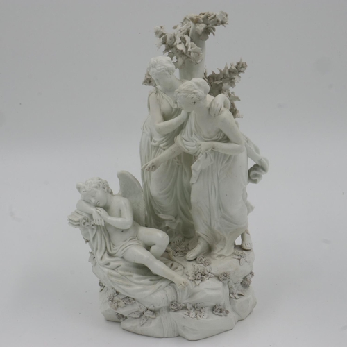 174 - Late 18th Century Derby bisque porcelain figural group, Awakening Cupid, H: 28 cm. Some losses to th... 