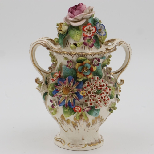 182 - Early 19th Century Derby pot-pourri, twin handled and heavily flower encrusted, H: 20 cm. Not availa... 