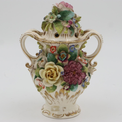 182 - Early 19th Century Derby pot-pourri, twin handled and heavily flower encrusted, H: 20 cm. Not availa... 