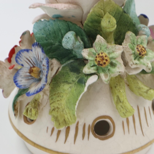 182 - Early 19th Century Derby pot-pourri, twin handled and heavily flower encrusted, H: 20 cm. Not availa... 