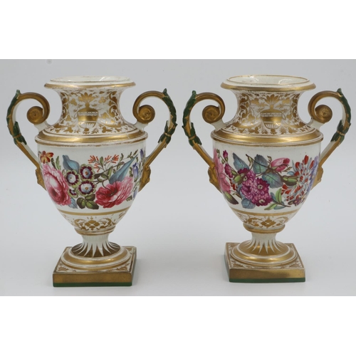 184 - Two 19th Century Derby twin handled urn shaped vases with hand painted floral decoration, H: 22 cm. ... 