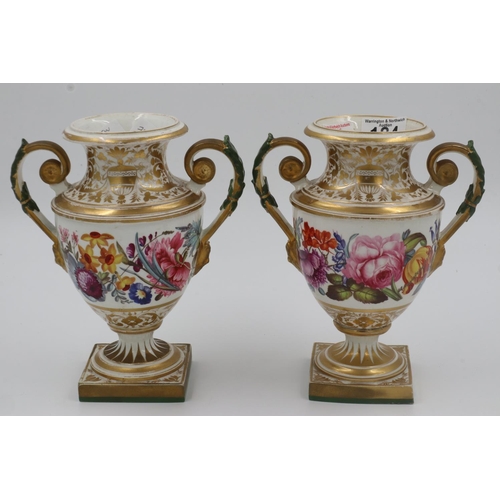 184 - Two 19th Century Derby twin handled urn shaped vases with hand painted floral decoration, H: 22 cm. ... 