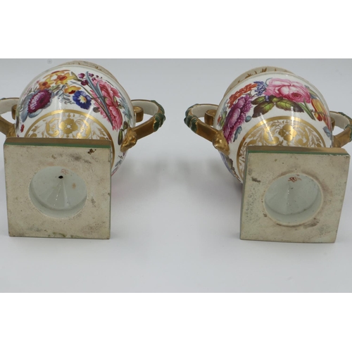 184 - Two 19th Century Derby twin handled urn shaped vases with hand painted floral decoration, H: 22 cm. ... 