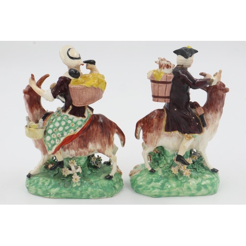 188 - Pair of early 19th century Derby figures of a couple riding goats, largest H:  15cm. UK P&P Group 2 ... 