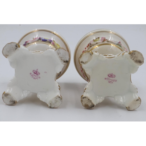 190 - Two 19th Century Derby pot-pourri vessels, lacking covers, with floral encrusted decoration, h: 9 cm... 