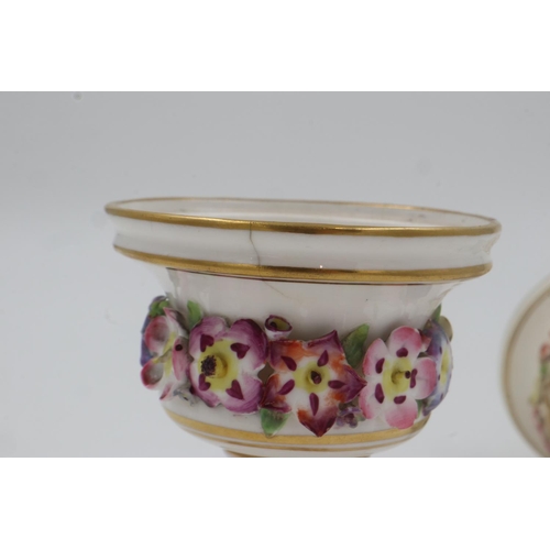 190 - Two 19th Century Derby pot-pourri vessels, lacking covers, with floral encrusted decoration, h: 9 cm... 